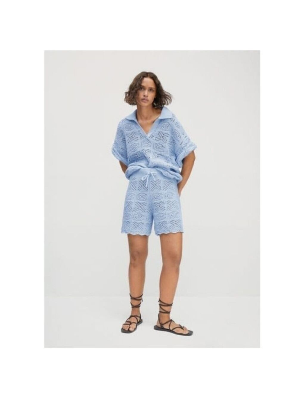 NWT Mango Blue Bohemian Crochet Cova Co Ord Set Sweater Shorts XL